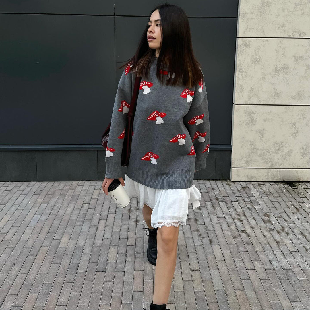 Damen Pullover mit kreativem Pilzdesign und lässigem Schnitt Drune