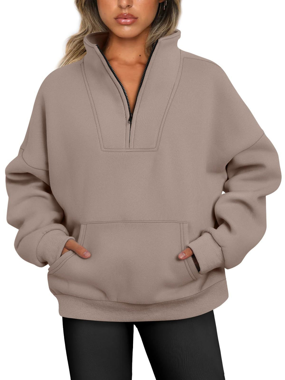 Damen nan oversized Halbzip-Hoodie mit hohem Stehkragen, Kängurutasche und gerippten Bündchen Drune