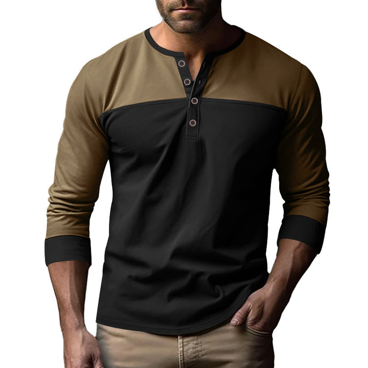 Herren nan zweifarbiges Langarmshirt im Henley-Stil mit Schulterpasse, kurzer Knopfleiste und Rippbündchen Drune