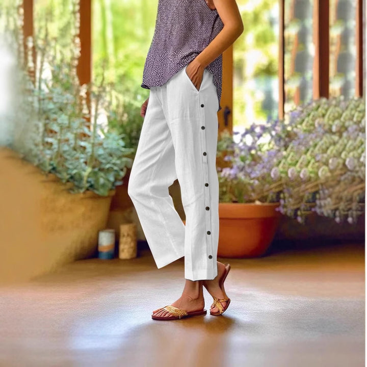 Damen Bequeme Leinenhose mit Knopfdetails Drune