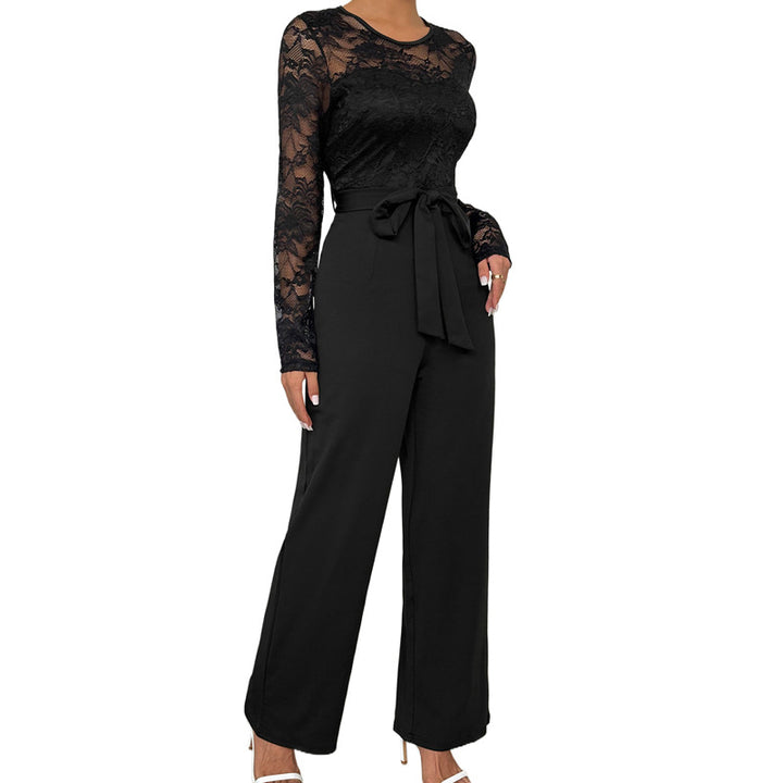 Damen eleganter Jumpsuit mit Spitzenoberteil und taillierbarem Gürtel Drune