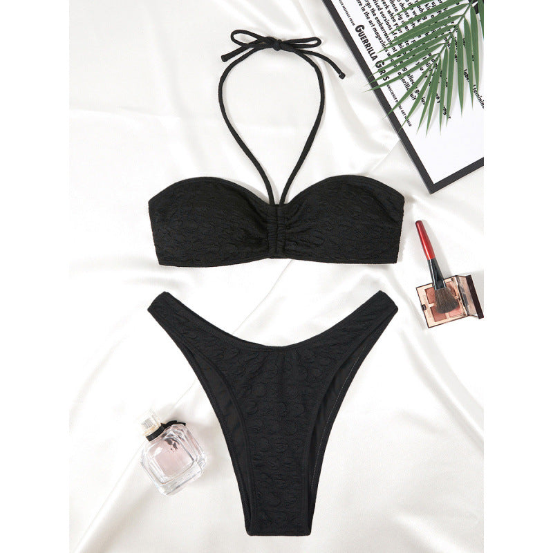 Damen Bandeau Bikini mit verstellbaren Trägern und exquisitem Texturmuster Drune