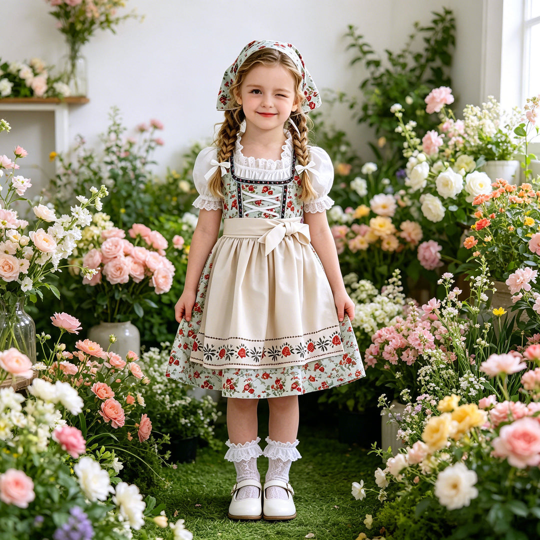 Damen nan traditionelles Kinderdirndl-Set mit Schnürkorsett, Puffärmeln und Kopftuch Drune