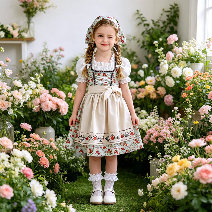 Damen nan traditionelles Kinderdirndl-Set mit Schnürkorsett, Puffärmeln und Kopftuch Drune