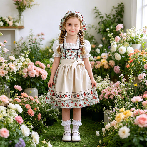 Damen nan traditionelles Kinderdirndl-Set mit Schnürkorsett, Puffärmeln und Kopftuch Drune