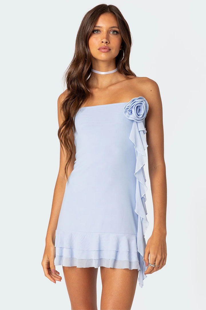 Damen Enges Bandeaukleid mit voluminösen Rüschen und Blumenapplikation Drune