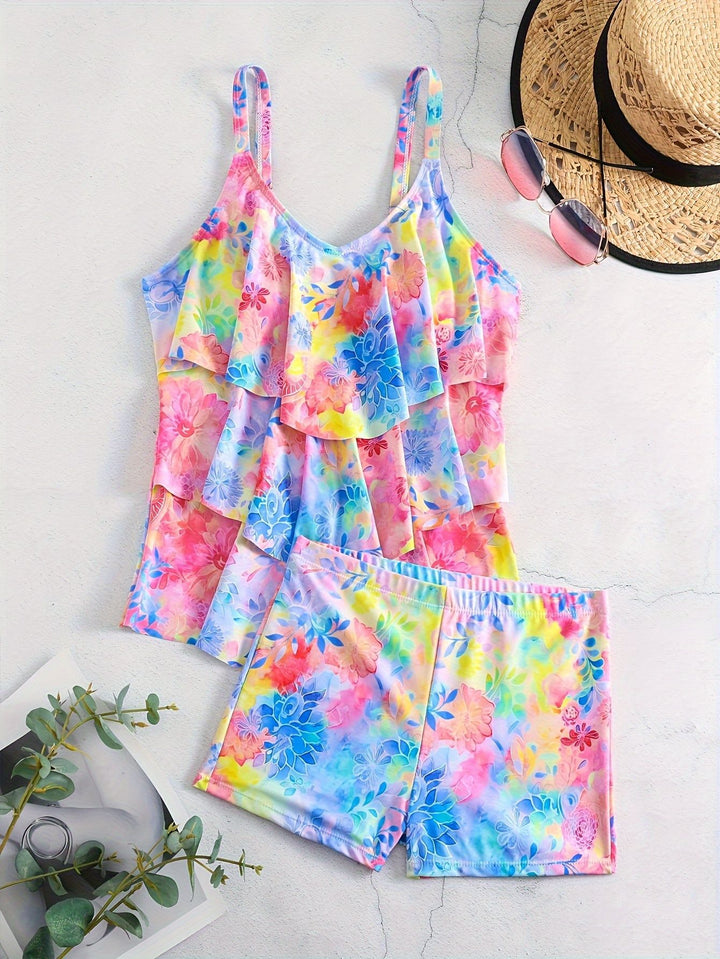 Damen Freizeit-Badeoberteil mit leichtem Rüschendesign und Shorts Drune