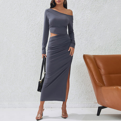Damen Maxikleid mit seitlichen Rüschendetails und eleganter Drapierung Drune