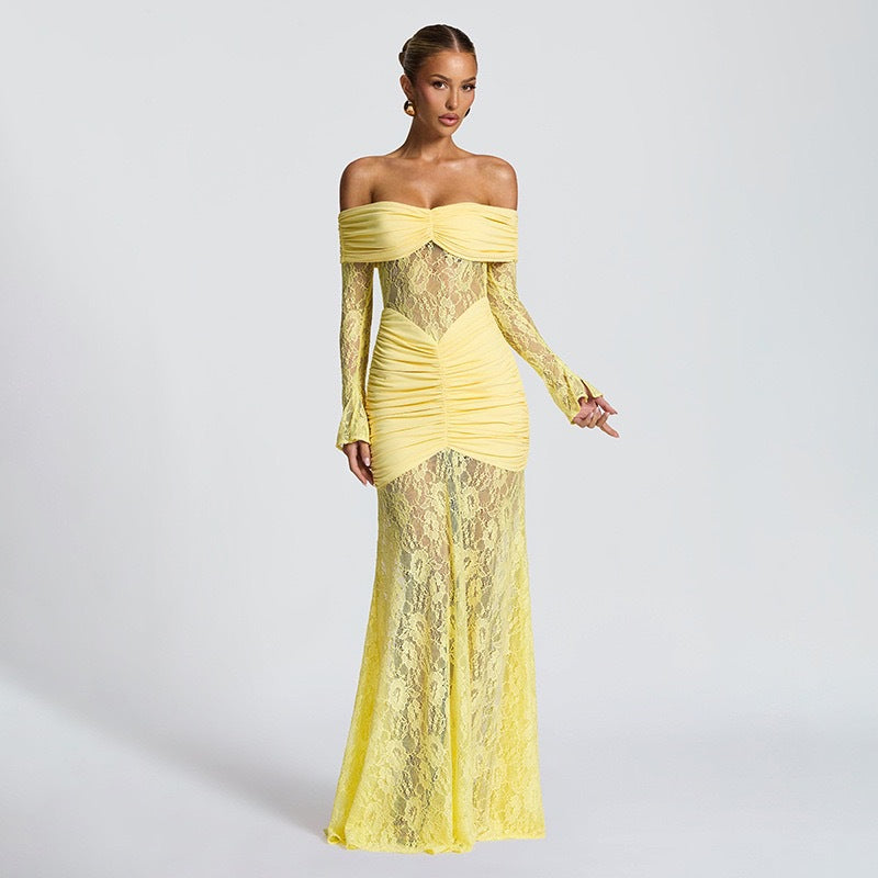 Damen Elegantes Langarm-Spitzenkleid mit Raffungen und schulterfreiem Design Drune