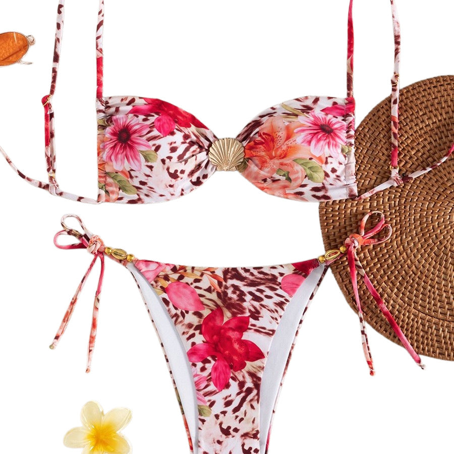 Damen Bandeau-Bikini mit floralem Design und goldenen Akzenten Drune