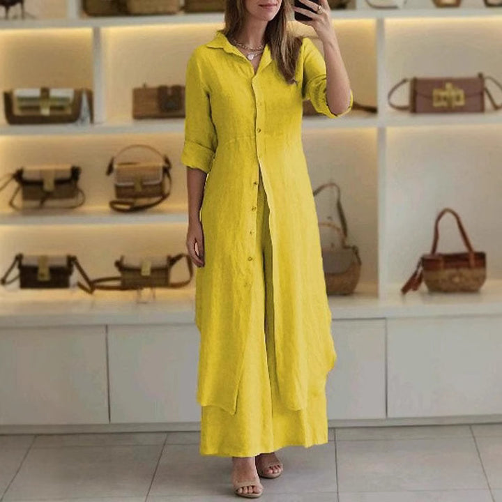 Damen nan langes Leinen-Hemdblusenkleid mit durchgehender Knopfleiste, Hemdkragen und dezentem A-Linien-Schnitt Drune