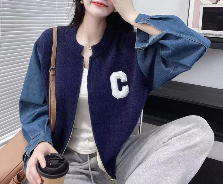 Damen Trendige Strickjacke mit Denim-Ärmeln Drune