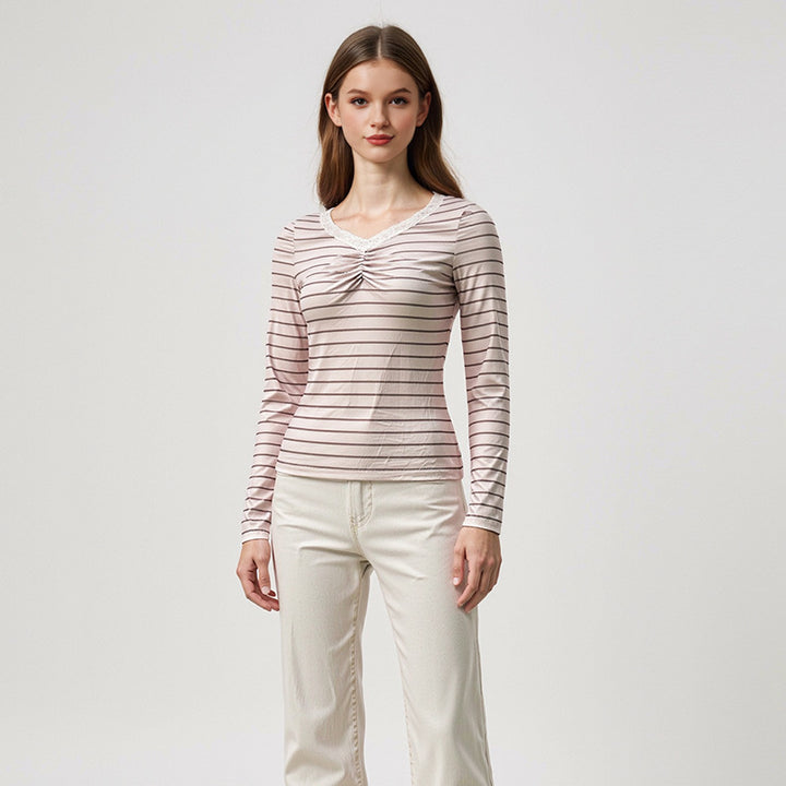 Damen Langarmshirt mit modischen Rüschendetails und gestreiftem Design Drune