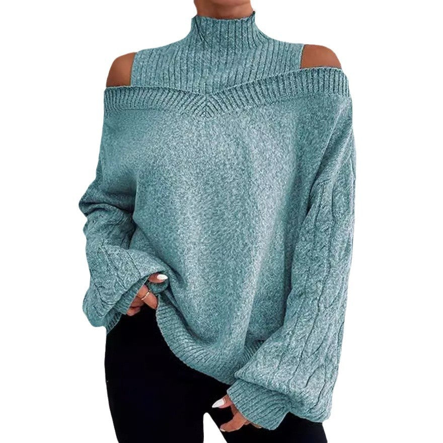 Damen Strickpullover mit lässigem Off-Shoulder Design und hohem Kragen Drune