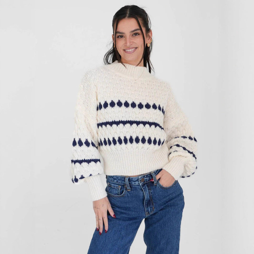 Damen Strickpullover mit modernem Zopfmuster und voluminösen Ärmeln Drune