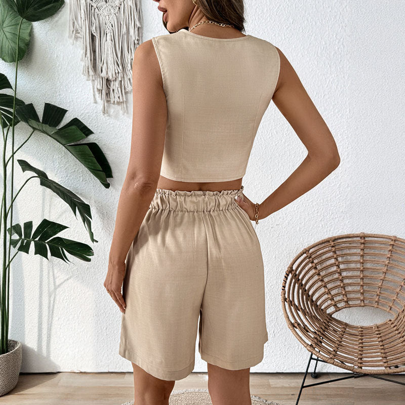 Damen ärmelloses Zweiteiler-Set mit Knopfdetails und elegantem Schnitt Drune