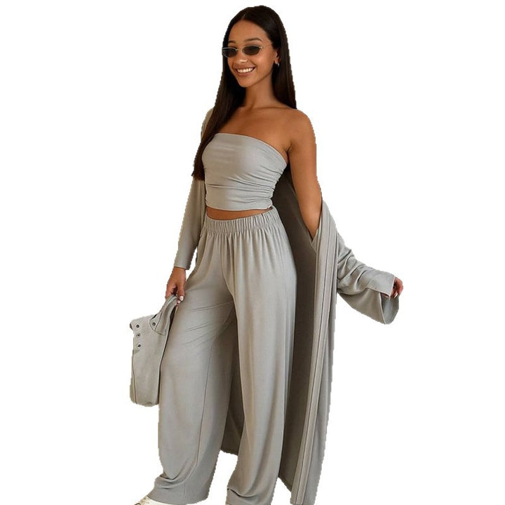 Damen elegantes 3-teiliges Set mit weitem Hosen und tailliertem Oberteil Drune