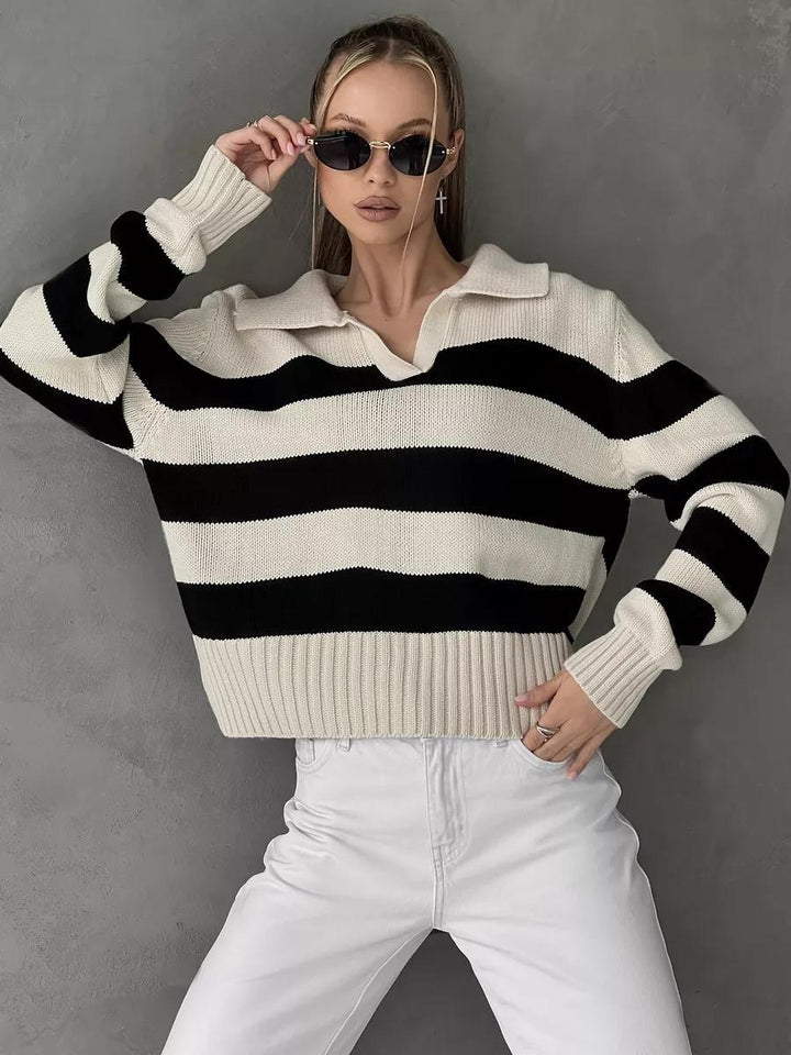 Damen Oversized Pullover mit klassischem Kragen und gestreiftem Design Drune