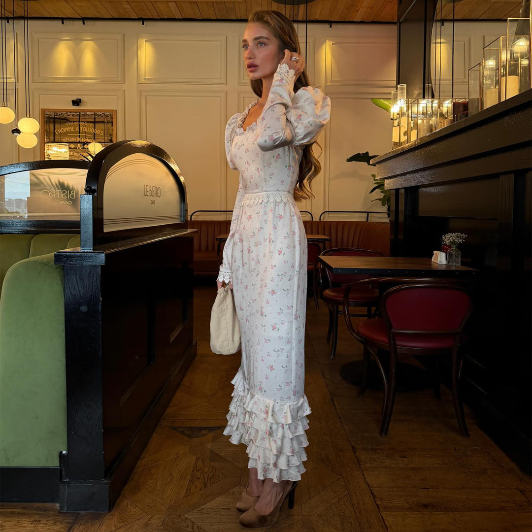 Damen Elegantes Maxikleid mit zarten Rüschenärmel und floralem Muster Drune
