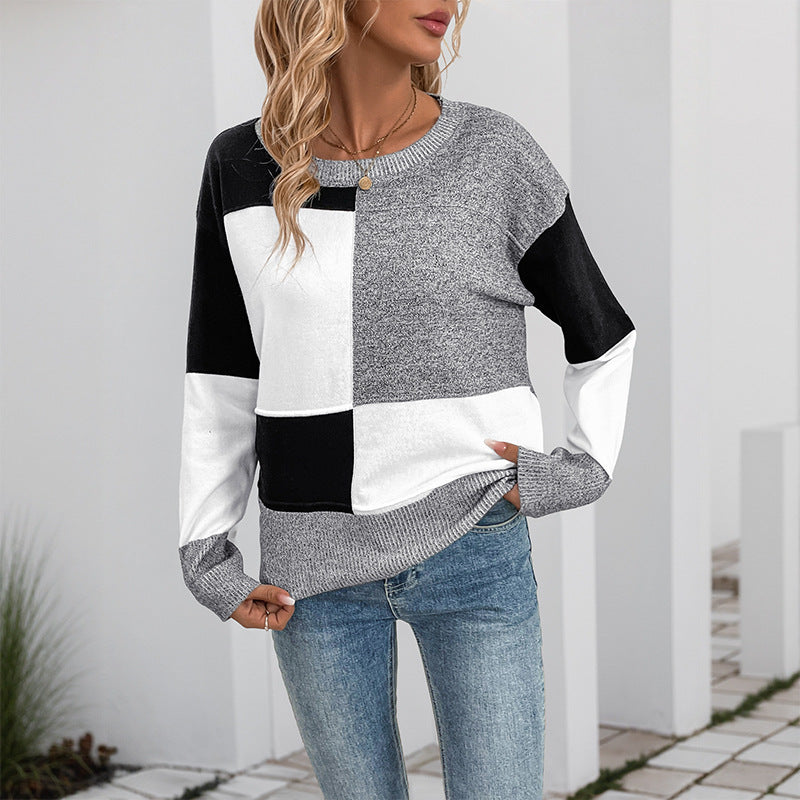 Damen lässiger Pullover mit modischem Patchwork-Design und Rundhalsausschnitt Drune