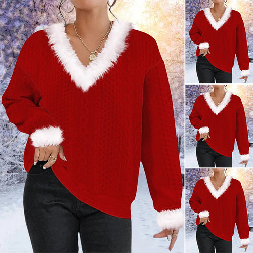 Damen Strickpullover mit V-Ausschnitt und kontrastierendem Pelzbesatz Drune