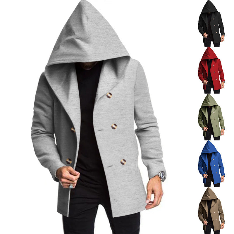 Herren Modische Doppelreihige Jacke mit Kapuze Drune