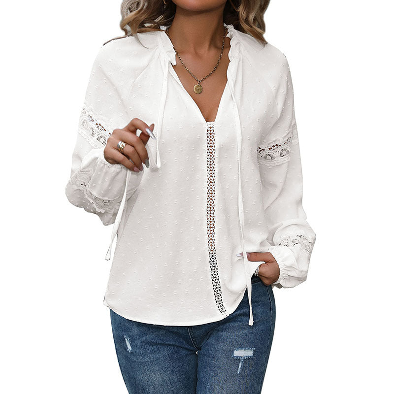 Damen elegante Baumwollbluse mit Spitzenakzenten und Rüschendetails Drune