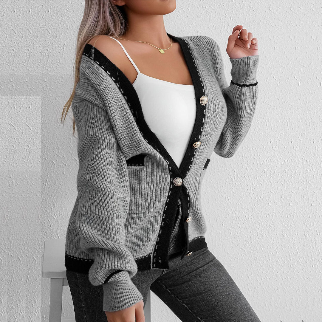 Damen Strickjacke mit modischem Knopfverschluss und Kontrastdetails Drune