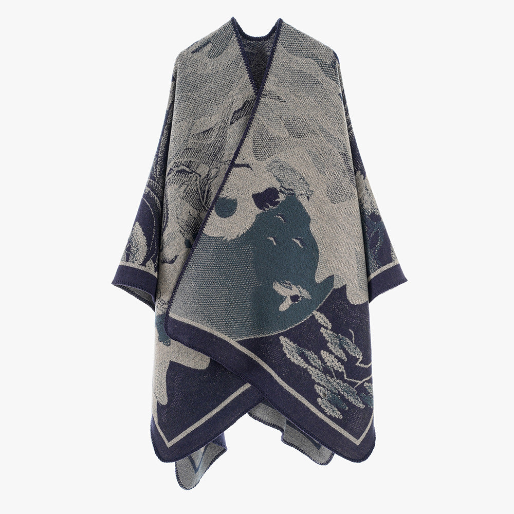 Damen Designer Poncho mit modernem floralen Muster und luxuriöser Strickstruktur Drune