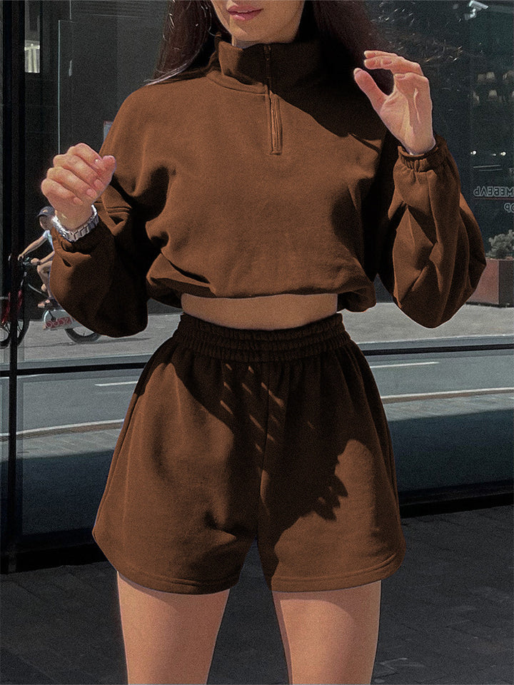 Damen sportliches Cropped Top und Shorts-Set mit Reißverschluss und elastischem Bund