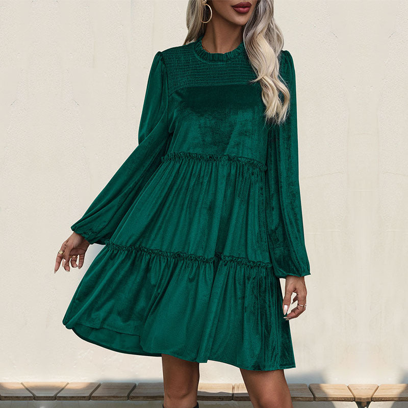 Damen lässiges Midikleid mit voluminösen Rüschen und elegantem Bund Drune