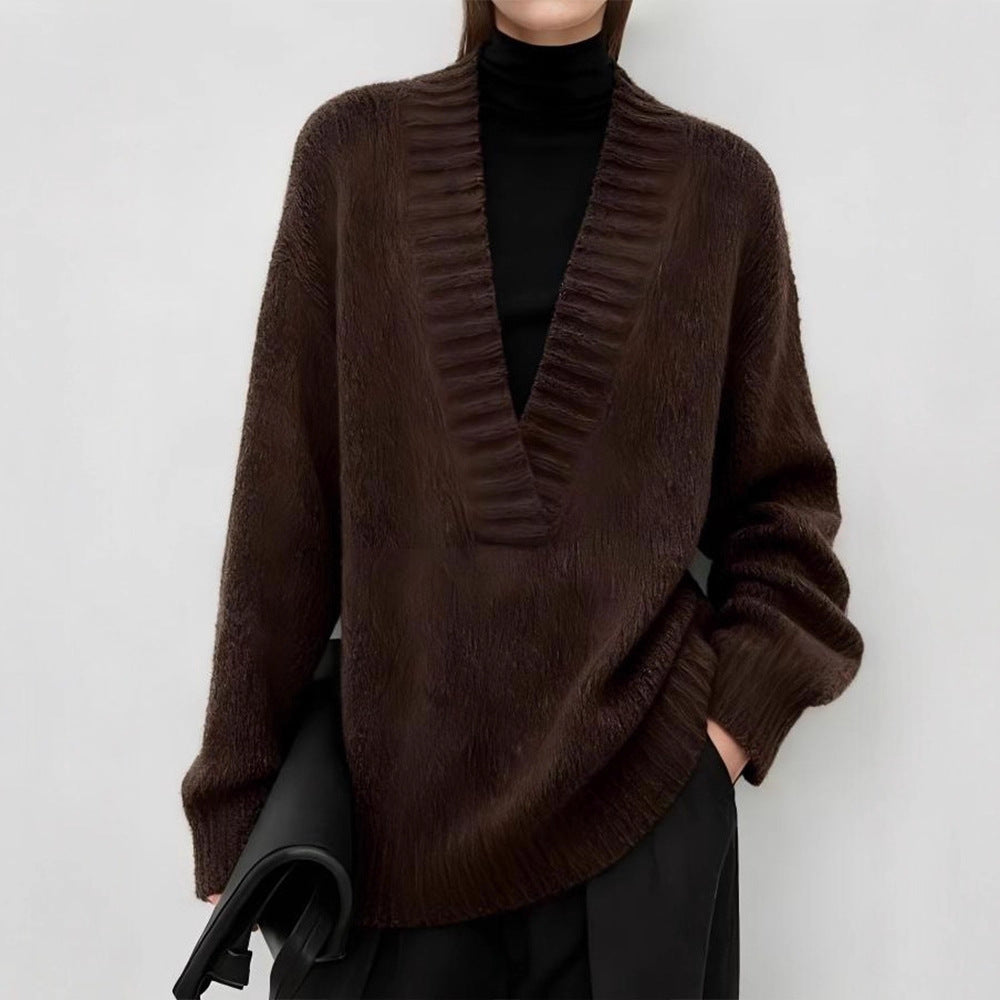 Damen eleganter Strickpullover mit V-Ausschnitt und lässigem Schnitt Drune