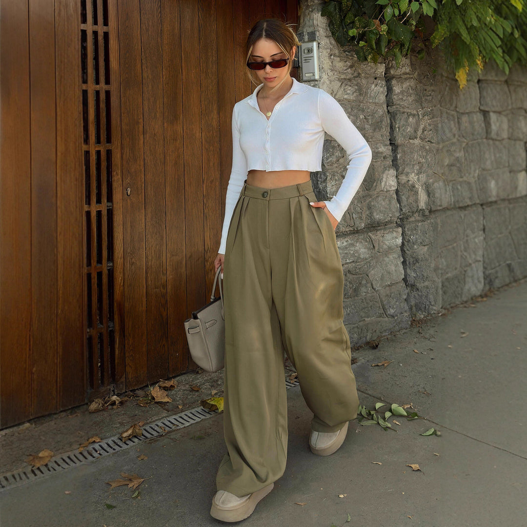 Damen elegantes und modisches Set aus weiten Hosen und cropped Hemd Drune