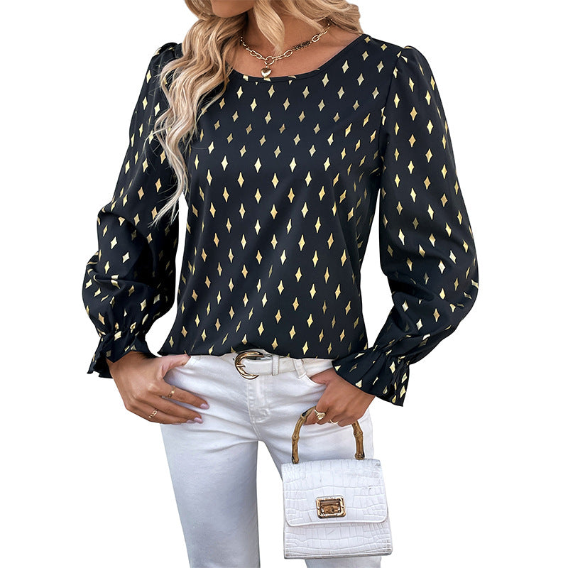 Damen stilvolles Blusenshirt mit elegantem Druck und femininen Puffärmeln Drune