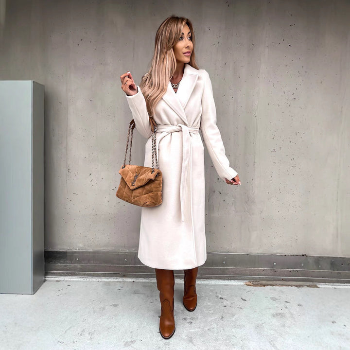 Damen eleganter langärmeliger Wollmantel mit Taillengürtel Drune