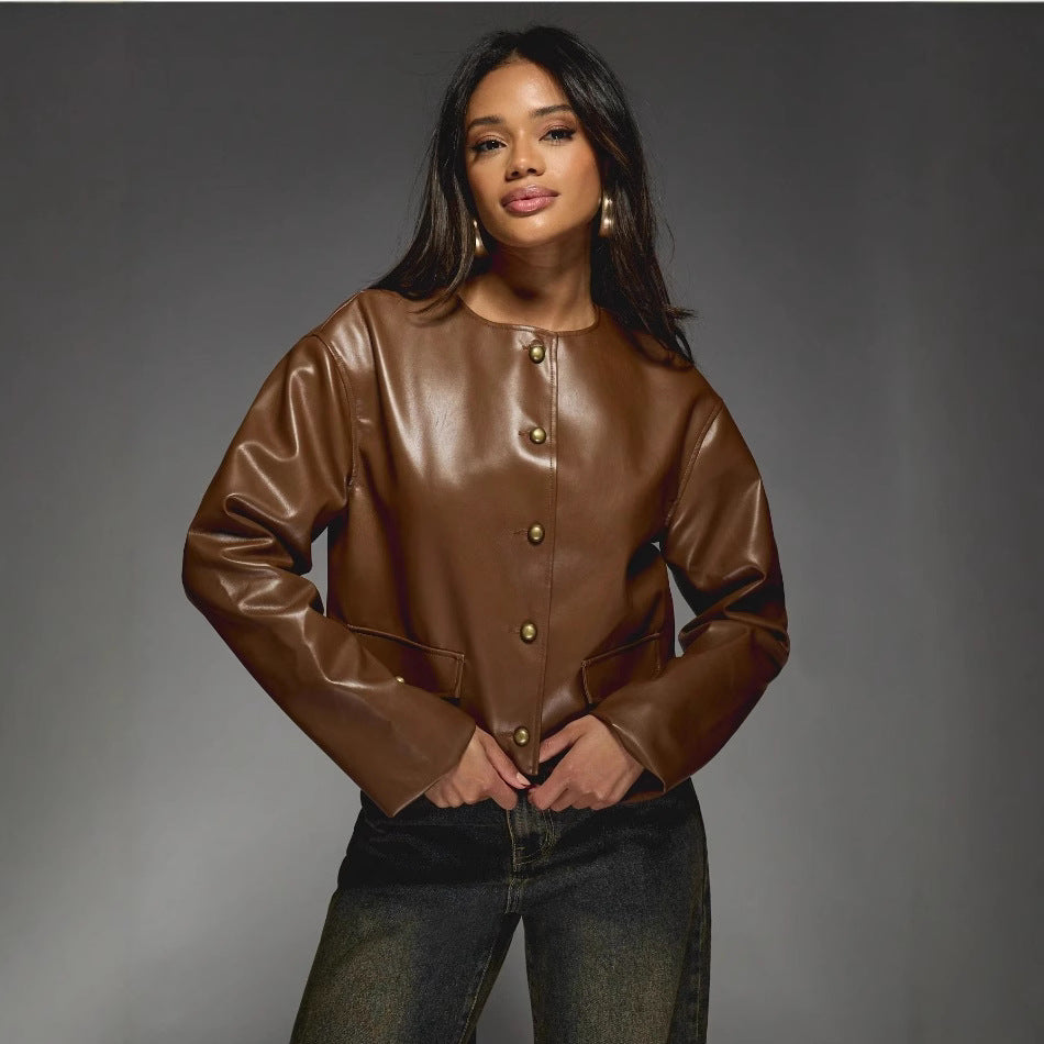 Damen Kunstlederjacke mit glänzendem Finish und dekorativen Knöpfen Drune