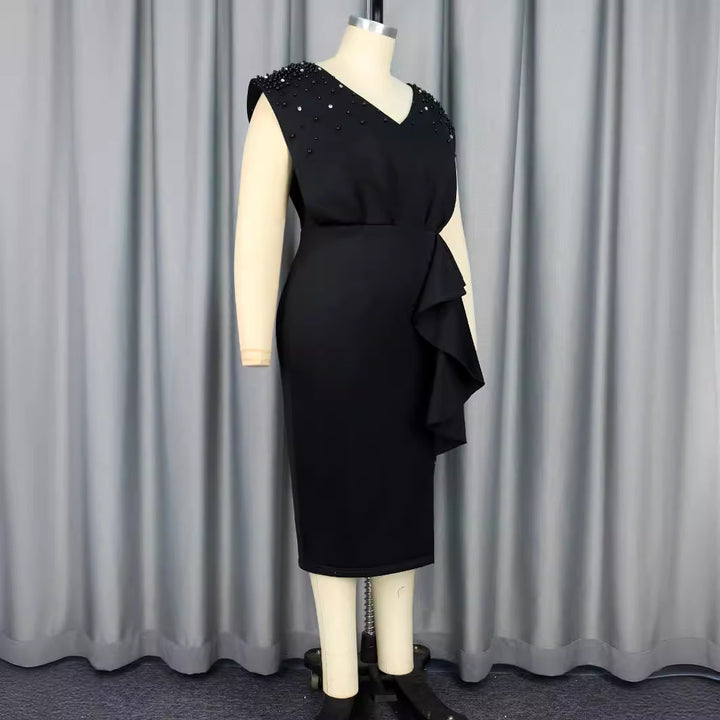 Damen elegantes Wickelkleid mit schimmernden Perlen und asymmetrischem Rüschensaum Drune