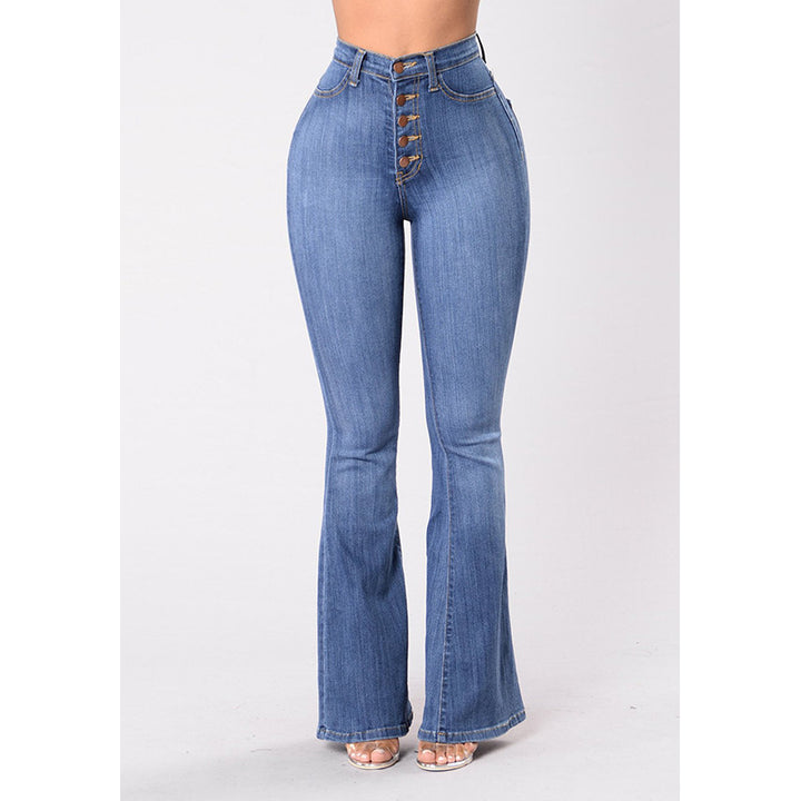 Damen nan Highwaist-Jeans mit ausgestelltem Schlag, taillierter Passform und dekorativer Knopfleiste Drune