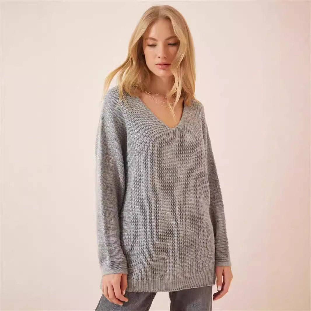 Damen lässiger Strickpullover mit modernem V-Ausschnitt Drune