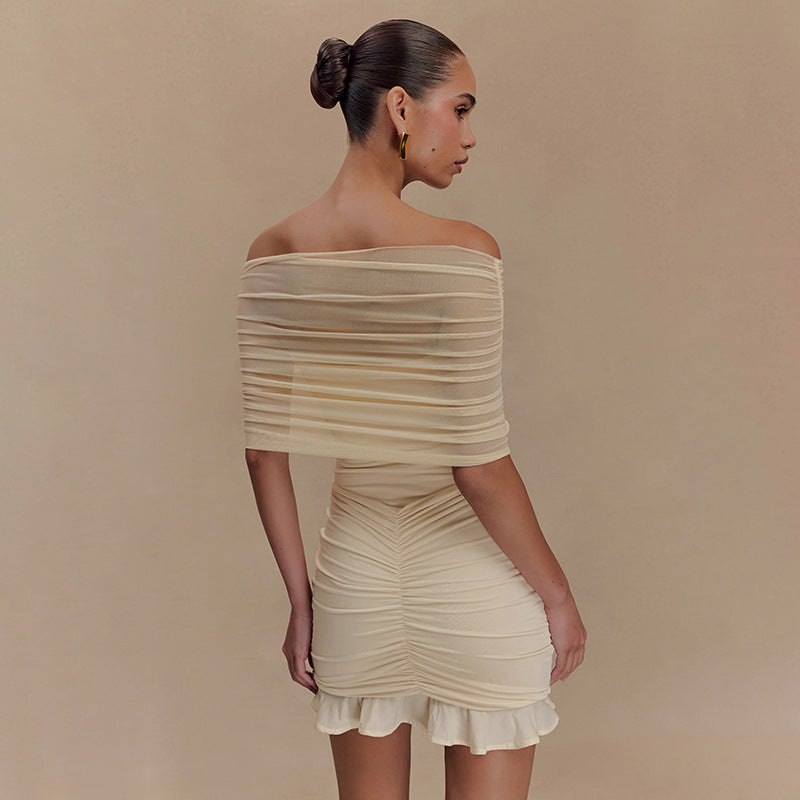 Damen figurbetontes Minikleid mit voluminösen Puffärmeln und Rüschensaum Drune