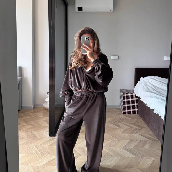 Damen modisches Velours-Set mit elastischem Bund und hohem Kragen Drune