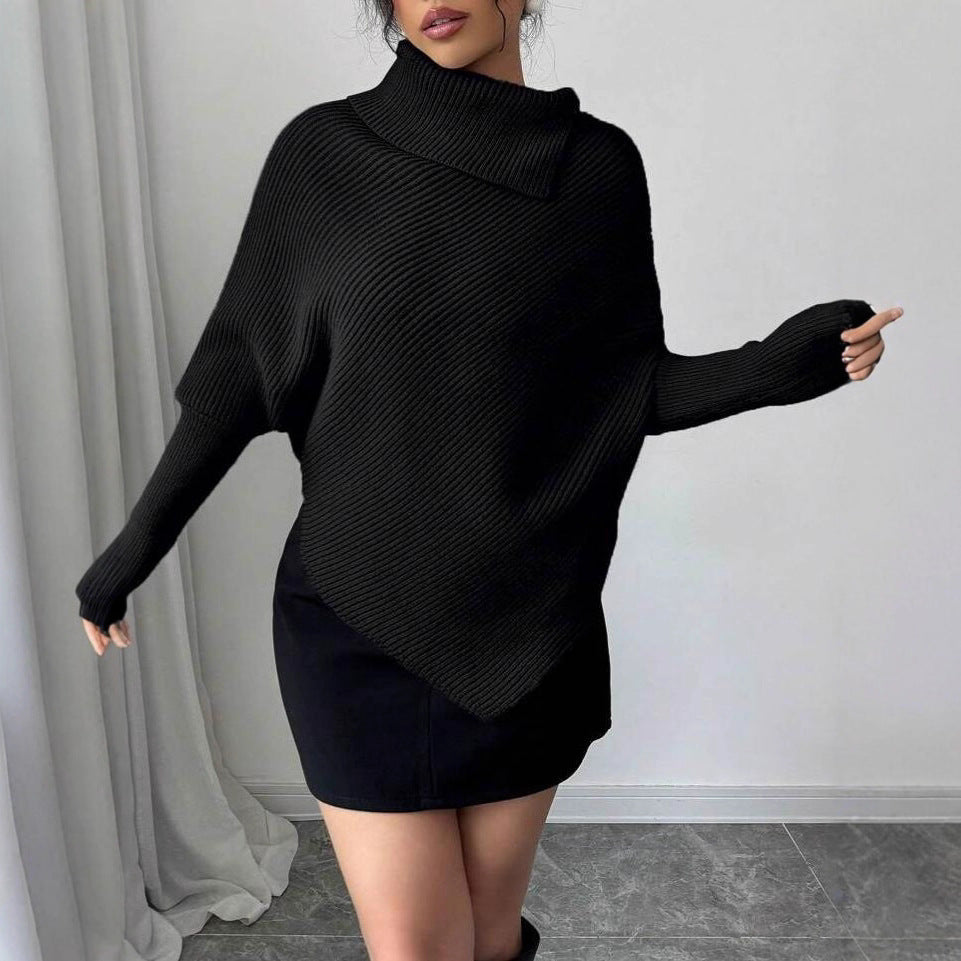 Damen Oversized Strickpullover mit asymmetrischem Saum und hohem Kragen Drune