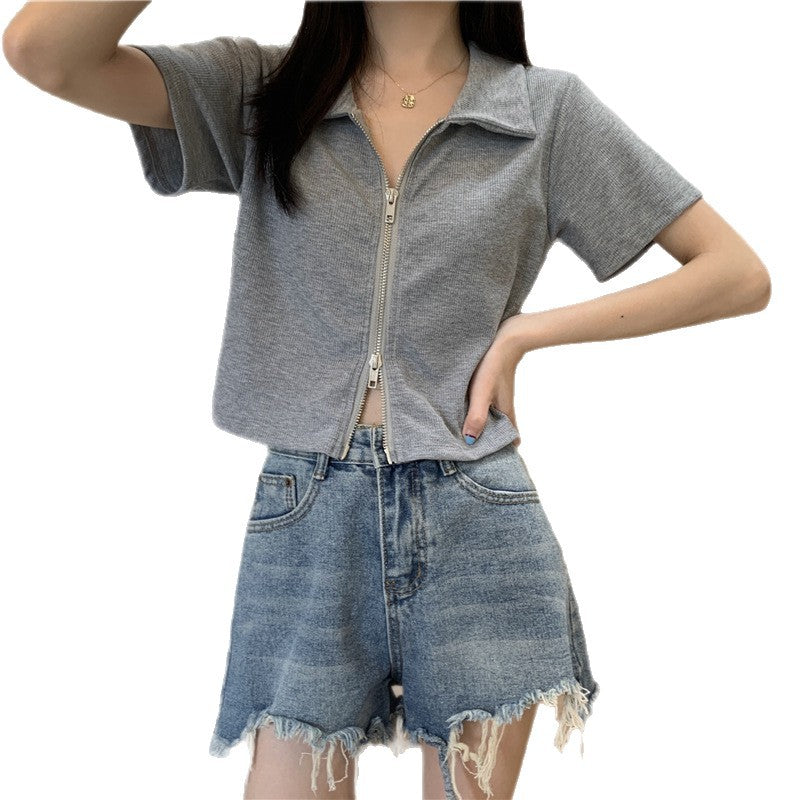 Damen Cropped Poloshirt mit Reißverschluss und strukturierter Textur Drune