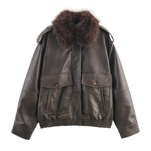 Damen elegante Lederjacke mit abnehmbarer Kunstfellkragen und praktischen Taschen Drune