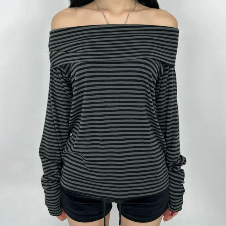 Damen nan schulterfreies Langarmshirt mit Carmen-Ausschnitt, taillierter Passform und feinem Streifenmuster Drune
