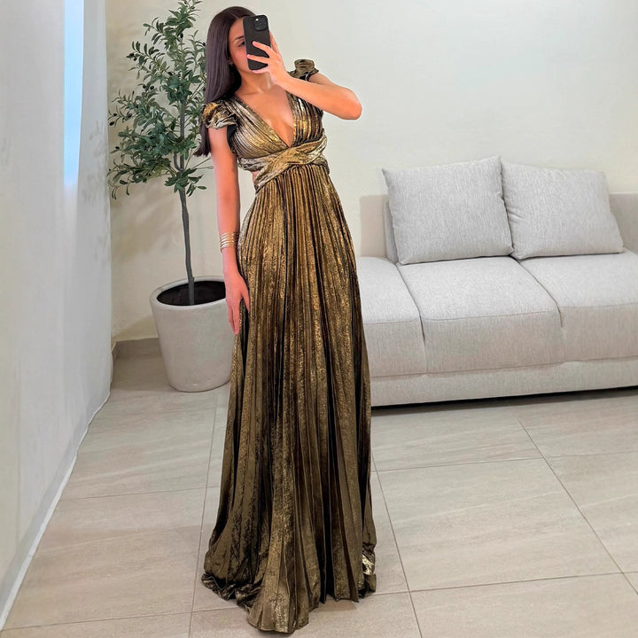 Damen Glamouröses Plissee-Maxikleid mit tiefem V-Ausschnitt und Puffärmeln Drune