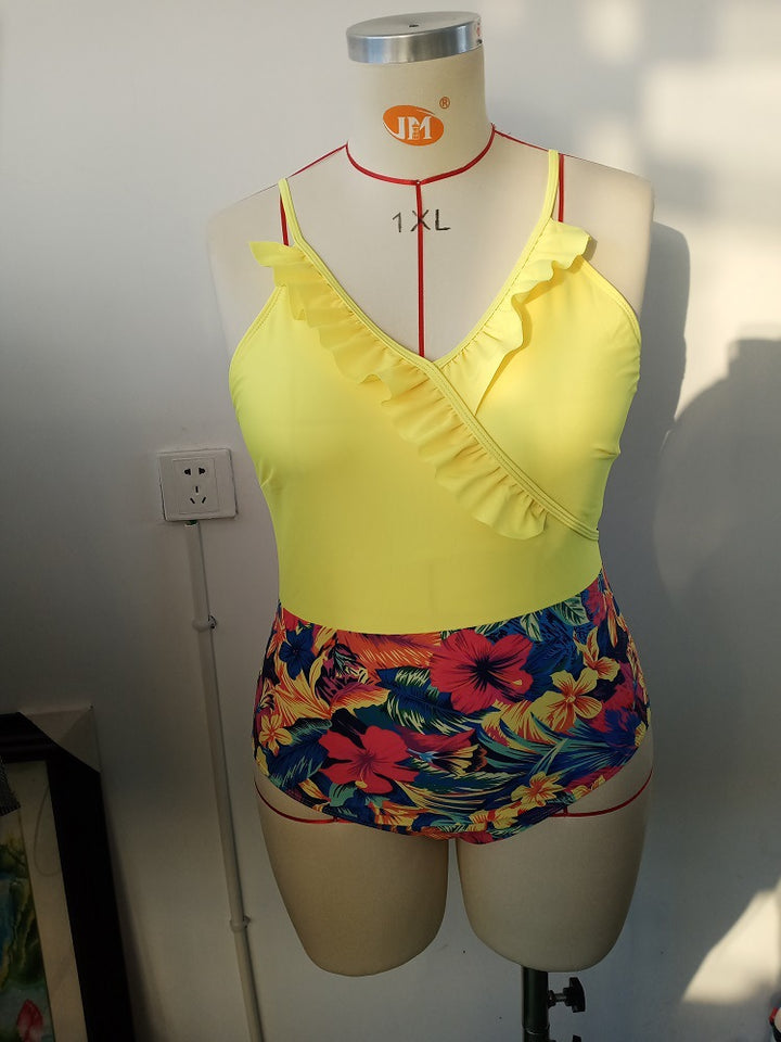 Damen Einteiler Badeanzug mit asymmetrischem Rüschendesign und floralem Hosenbereich Drune