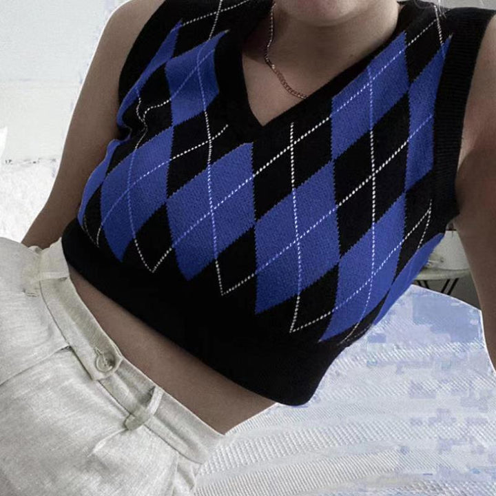 Damen cropped Stricktop mit modernem Rautenmuster Drune