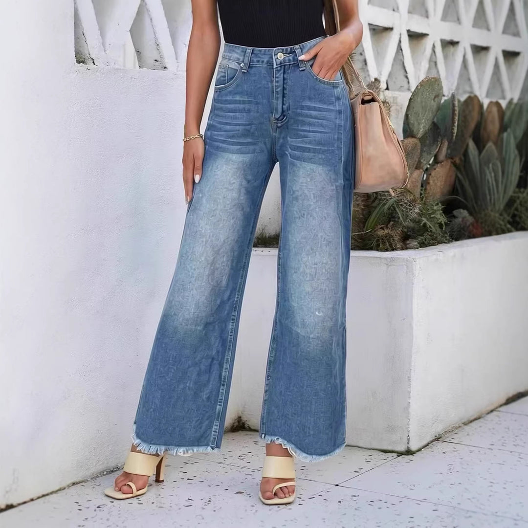 Damen weite Denim-Jeans mit kreativem Muster und fransigem Saum Drune