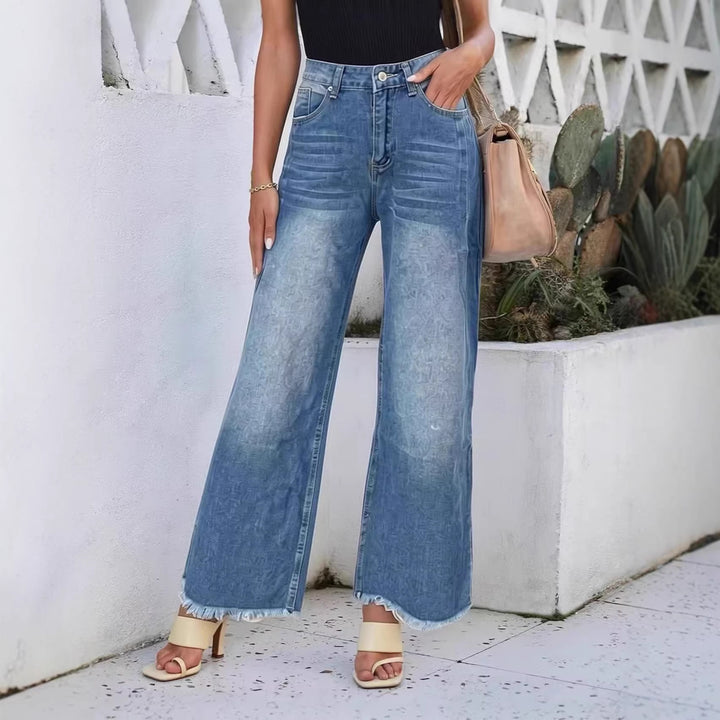 Damen weite Denim-Jeans mit kreativem Muster und fransigem Saum Drune